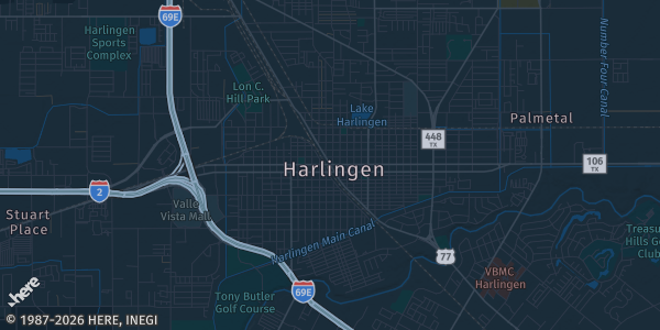 Map of Harlingen, TX. The exact address of Tsunami Sports is not known, so the map shows the area rather than a specific building.