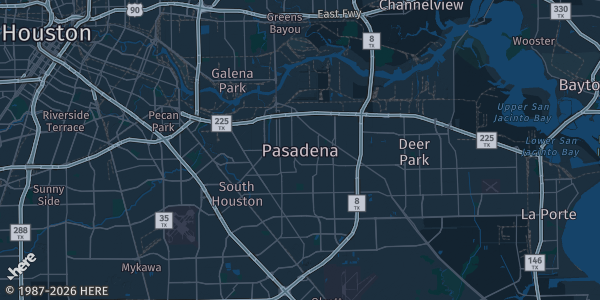 Map of Pasadena, TX. The exact address of Campbell Hall is not known, so the map shows the area rather than a specific building.