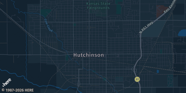 Map of Hutchinson, KS. The exact address of Kansas State Fairgrounds is not known, so the map shows the area rather than a specific building.