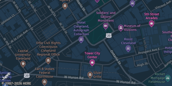 Map showing Hotel Cleveland on Public Square in Cleveland, OH.