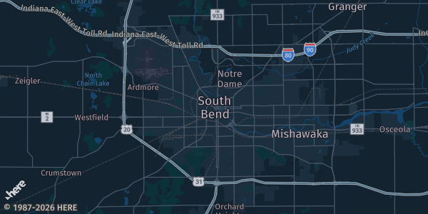 Map of South Bend, IN. The exact address of South Bend Elk Lodge #235 is not known, so the map shows the area rather than a specific building.
