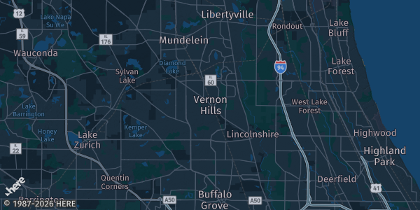 Map of Vernon Hills, IL. The exact address of Sullivan Community Center is not known, so the map shows the area rather than a specific building.