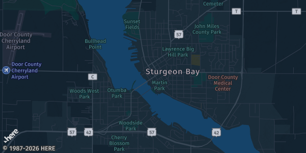 Map of Sturgeon Bay, WI. The exact address of Door County Fire Company is not known, so the map shows the area rather than a specific building.