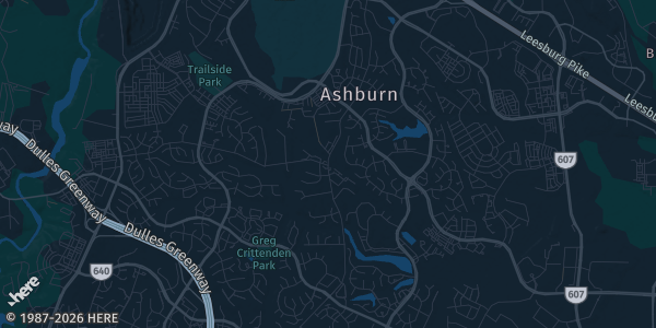 Map of Ashburn, VA. The exact address of Topgolf Loudoun is not known, so the map shows the area rather than a specific building.