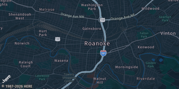 Map of Roanoke, VA. The exact address of CARD NIGHT @ Top Golf! Presented by Beltway Card Show is not known, so the map shows the area rather than a specific building.
