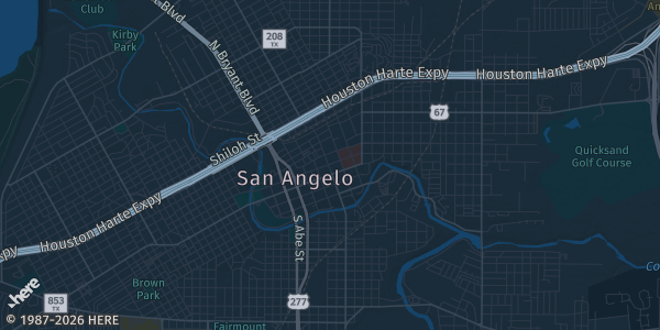Map of San Angelo, TX. The exact address of Clarion Ballroom is not known, so the map shows the area rather than a specific building.