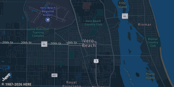 Map of Vero Beach, FL. The exact address of Jackie Robinson Training Complex Building 42 is not known, so the map shows the area rather than a specific building.