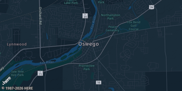 Map of Oswego, IL. The exact address of ESP Baseball & Softball is not known, so the map shows the area rather than a specific building.