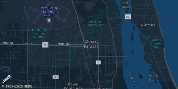 Map of Vero Beach, FL. The exact address of Jackie Robinson Training Complex Building 42 is not known, so the map shows the area rather than a specific building.