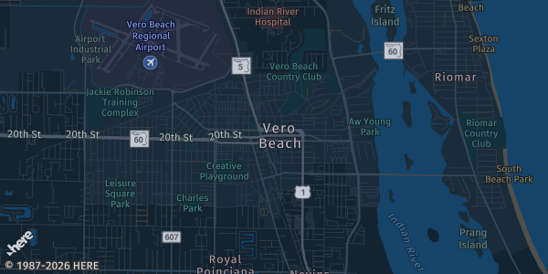 Map of Vero Beach, FL. The exact address of Jackie Robinson Training Complex Building 42 is not known, so the map shows the area rather than a specific building.