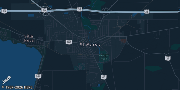Map of St. Marys, OH. The exact address of St Marys Square is not known, so the map shows the area rather than a specific building.