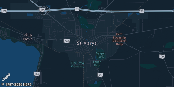 Map of St. Marys, OH. The exact address of Hallmark is not known, so the map shows the area rather than a specific building.