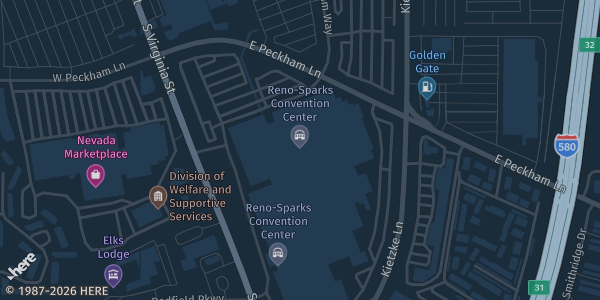 Map showing Reno Sparks Convention Center in Reno, NV.