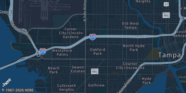 Map of Tampa, FL. The exact address of Sons of Italy Lodge is not known, so the map shows the area rather than a specific building.