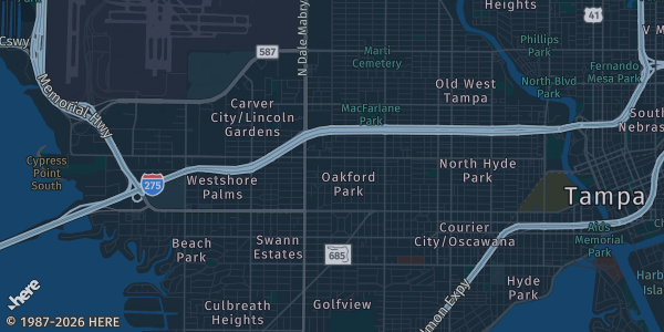 Map of Tampa, FL. The exact address of Sons of Italy Lodge is not known, so the map shows the area rather than a specific building.