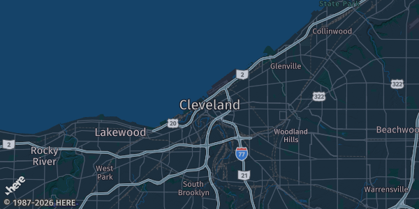 Map of Cleveland, OH. The exact address of Thwing Center is not known, so the map shows the area rather than a specific building.