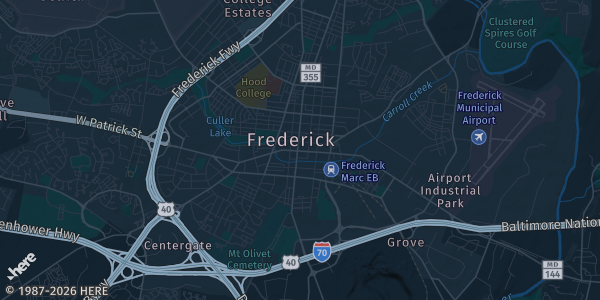 Map of Frederick, MD. The exact address of Frederick Event Center is not known, so the map shows the area rather than a specific building.