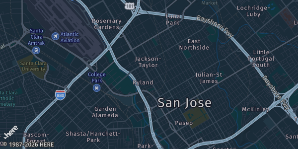 Map of San Jose, CA. The exact address of Guildhouse, San Jose is not known, so the map shows the area rather than a specific building.