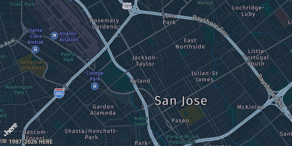 Map of San Jose, CA. The exact address of Guildhouse, San Jose is not known, so the map shows the area rather than a specific building.