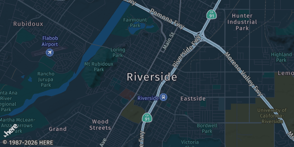 Map of Riverside, CA. The exact address of Cardboard Collectors is not known, so the map shows the area rather than a specific building.