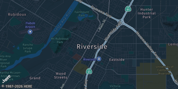 Map of Riverside, CA. The exact address of Cardboard Collectors is not known, so the map shows the area rather than a specific building.