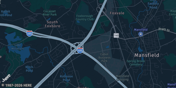 Map of Mansfield, MA. The exact address of Cardboard Promotions Labor Day Show is not known, so the map shows the area rather than a specific building.