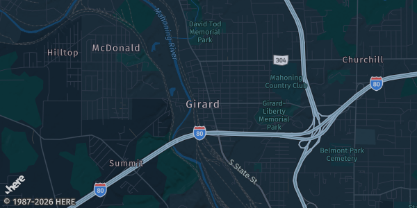 Map of Girard, OH. The exact address of Metroplex Expo Center is not known, so the map shows the area rather than a specific building.