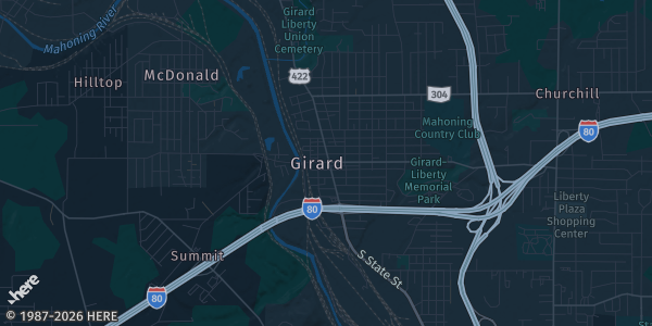Map of Girard, OH. The exact address of Metroplex Expo Center is not known, so the map shows the area rather than a specific building.