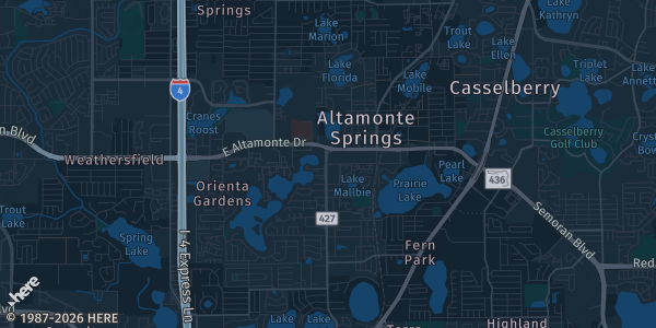 Map of Altamonte Springs, FL. The exact address of Orlando Hilton is not known, so the map shows the area rather than a specific building.