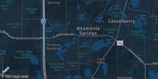Map of Altamonte Springs, FL. The exact address of Orlando Hilton is not known, so the map shows the area rather than a specific building.