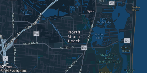 Map of North Miami Beach, FL. The exact address of Aventura Wolfe University Center Ballroom FIU is not known, so the map shows the area rather than a specific building.