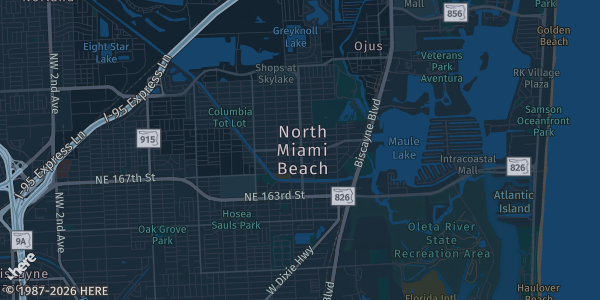 Map of North Miami Beach, FL. The exact address of Aventura Wolfe University Center Ballroom FIU is not known, so the map shows the area rather than a specific building.