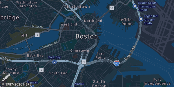 Map of Boston, MA. The exact address of Dorchester Brewing Company is not known, so the map shows the area rather than a specific building.