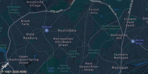 Map of Roslindale, MA. The exact address of The Substation is not known, so the map shows the area rather than a specific building.