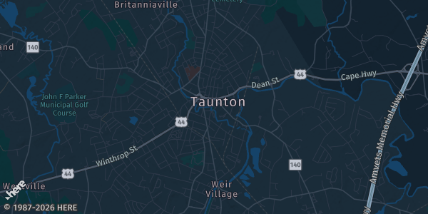Map of Tauton, MA. The exact address of Tauton Conference Center is not known, so the map shows the area rather than a specific building.