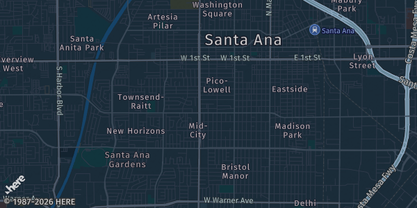 Map of Santa Ana, CA. The exact address of Cards and Coffee is not known, so the map shows the area rather than a specific building.