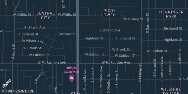 Map of Santa Ana, CA. The exact address of Cards and Coffee is not known, so the map shows the area rather than a specific building.