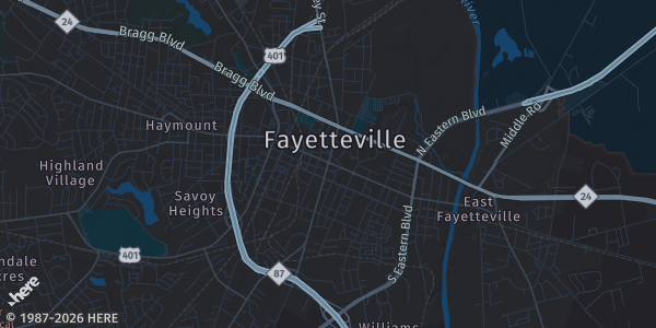 Map of Fayetteville, NC. The exact address of Segra/Fayetteville Woodpeckers is not known, so the map shows the area rather than a specific building.