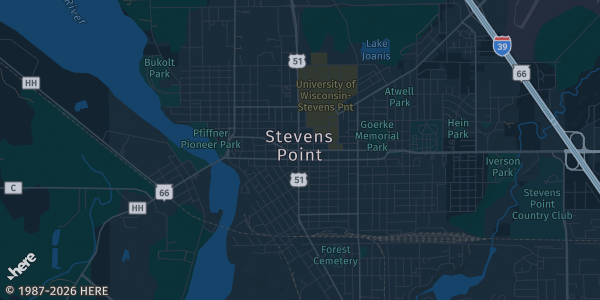 Map of Stevens Point, WI. The exact address of Elks Lodge 641 is not known, so the map shows the area rather than a specific building.