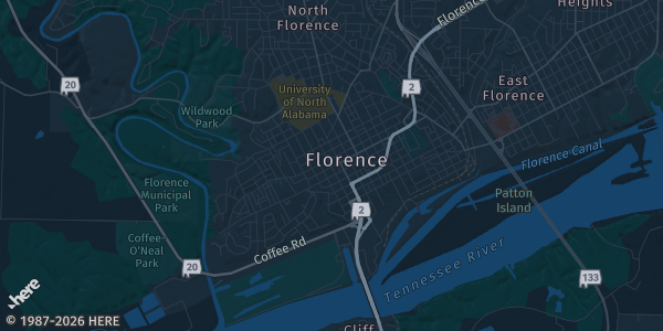 Map of Florence, AL. The exact address of Florence Coliseum is not known, so the map shows the area rather than a specific building.
