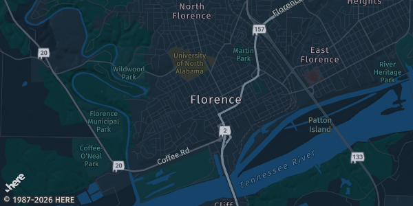 Map of Florence, AL. The exact address of Florence Coliseum is not known, so the map shows the area rather than a specific building.