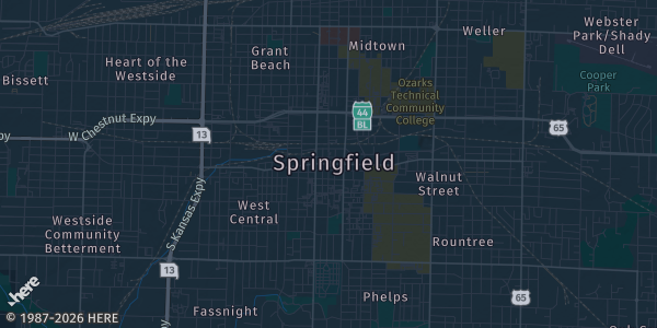 Map of Springfield, MO. The exact address of Allison Sports Town is not known, so the map shows the area rather than a specific building.