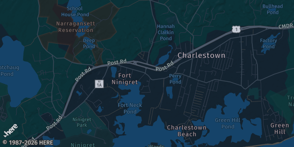 Map of Charlestown, RI. The exact address of American Legion is not known, so the map shows the area rather than a specific building.
