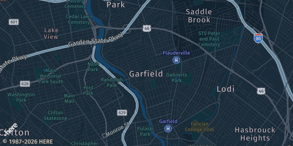 Map of Garfield, NJ. The exact address of Garfield N.J. Boys & Girls Club is not known, so the map shows the area rather than a specific building.
