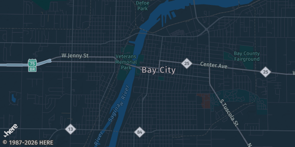 Map of Bay City, MI. The exact address of Legends Sports is not known, so the map shows the area rather than a specific building.