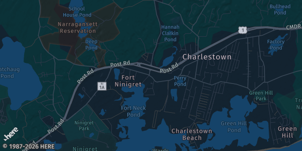 Map of Charlestown, RI. The exact address of American Legion is not known, so the map shows the area rather than a specific building.