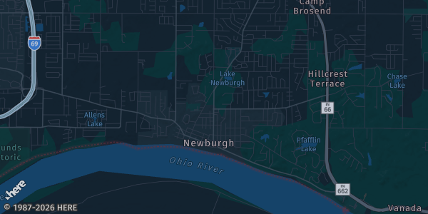 Map of Newburgh, IN. The exact address of Cards Kicks and Collectibles 2026 is not known, so the map shows the area rather than a specific building.