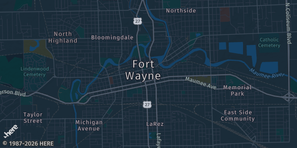 Map of Ft. Wayne, IN. The exact address of Cards Kicks and Collectibles 2026 is not known, so the map shows the area rather than a specific building.