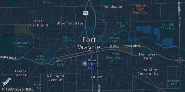 Map of Ft. Wayne, IN. The exact address of Cards Kicks and Collectibles 2026 is not known, so the map shows the area rather than a specific building.
