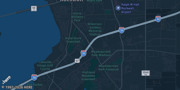 Map of Rockwall, TX. The exact address of Hilton Rockwall is not known, so the map shows the area rather than a specific building.